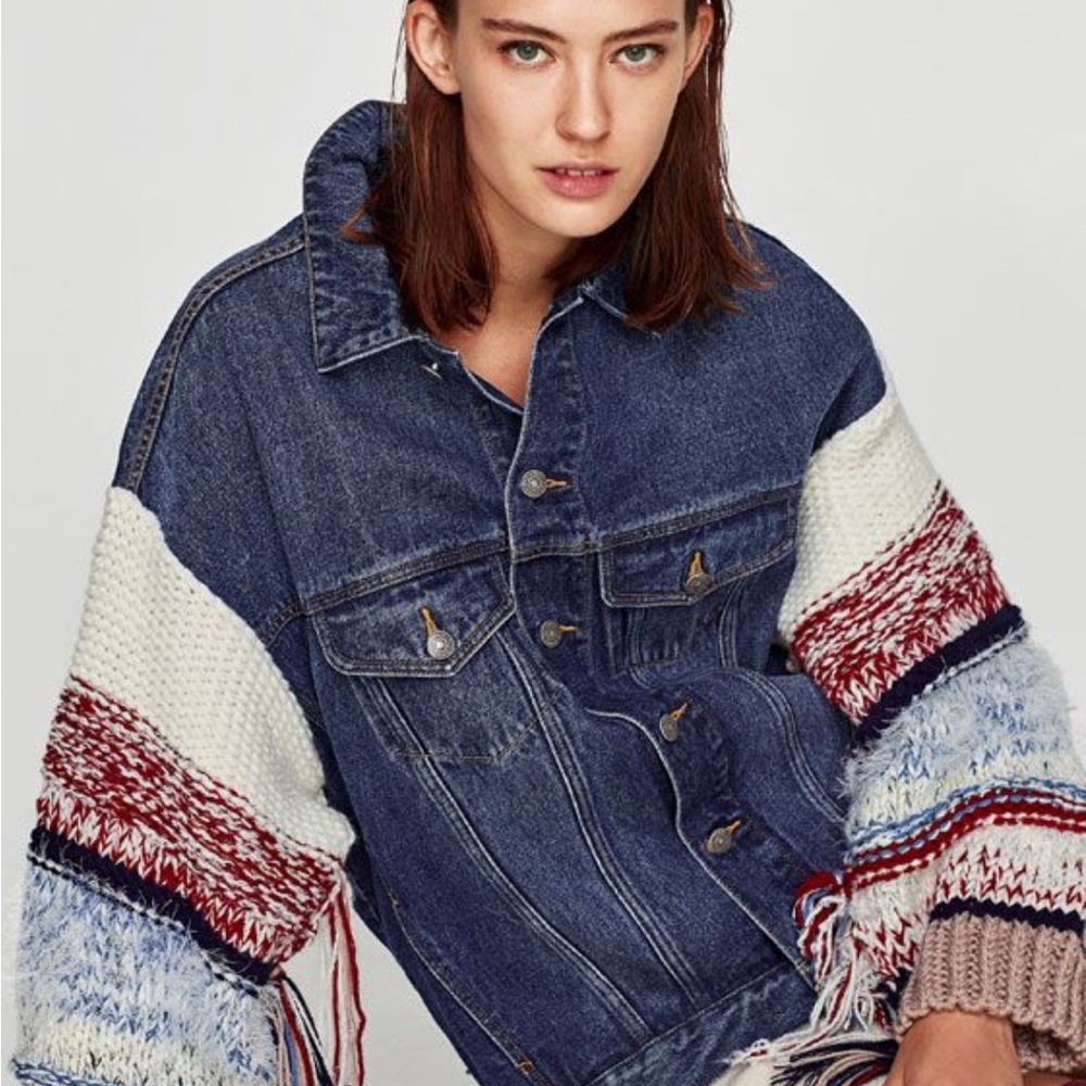 Zara Blue Denim Jacket with Multicolor Knit Sleeves